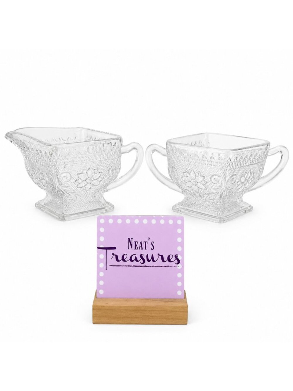 Indiana Glass TIARA SANDWICH Diamond Shaped Clear Open Sugar Bowl & Creamer Set